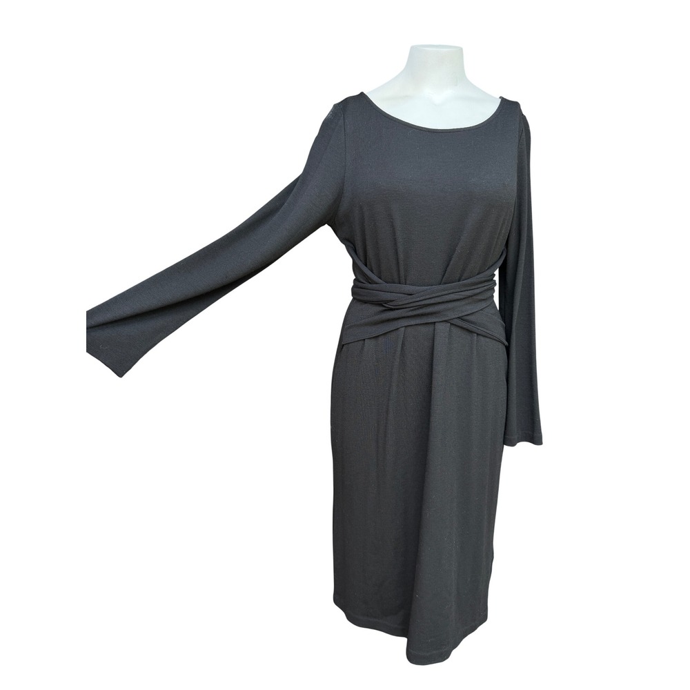 Talbots Black Long Sleeve Wrap Waist Midi Dress Large NEW Wool Desk to Dinner - Picture 4 of 13